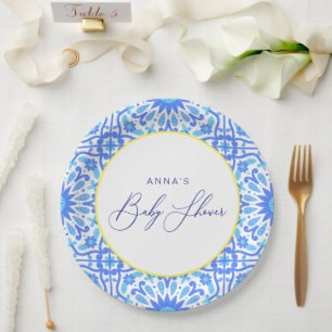 Italienisches Blue Tile Yellow Line Baby Duschskri Pappteller