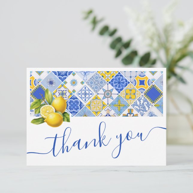 Italienisches Blue Tiles Lemon Summer Brautparty Dankeskarte (Stehend Vorderseite)