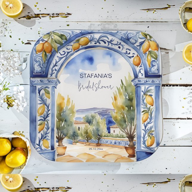 Italienisches Brautparty aus Blauzungenkacheln Pappteller (Italian Blue tiles arch lemons bridal shower tableware personalized Paper Plates watercolor majolica)
