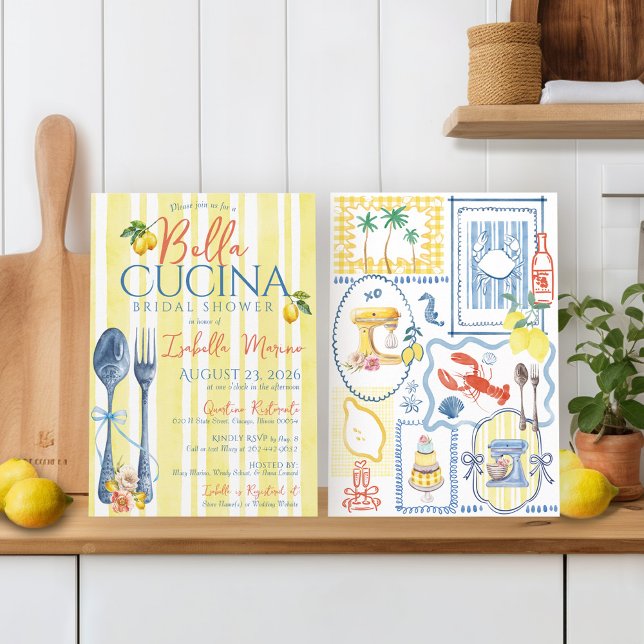 Italienisches Brautparty Lemon Blue Bella Cucina Einladung (Italian lemon yellow coastal chic blue and coral Bella Cucina fork spoon kitchen bridal shower)