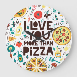 Italienisches Essen, Pizza-Liebesbrief-Schriftzug. Große Wanduhr