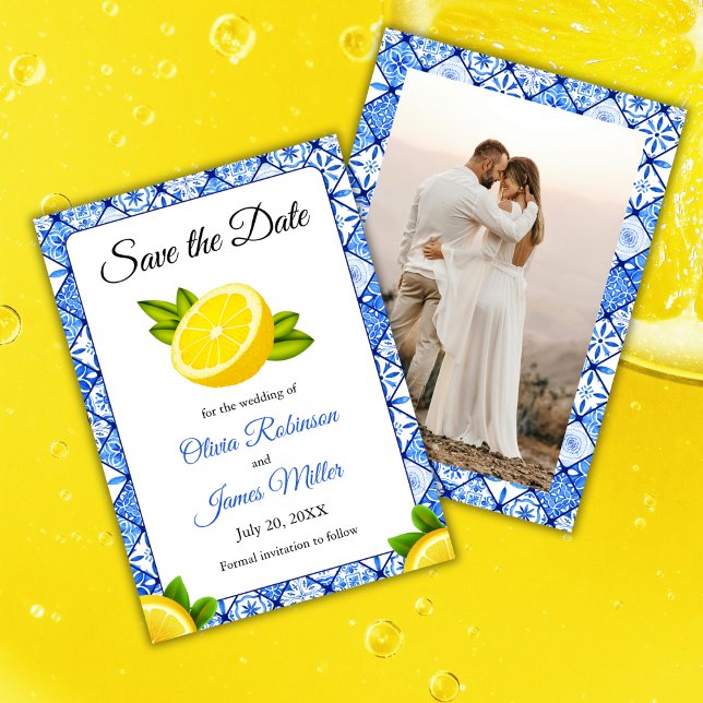 Italienisches Foto für Hochzeiten Save The Date (Mediterranean Italian Blue Tile Lemon Wedding Photo Save The Date Card  )