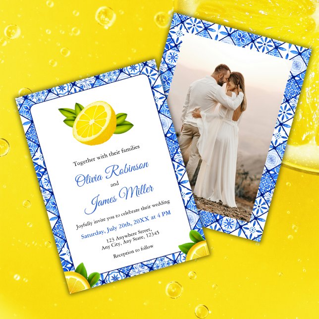 Italienisches Foto Hochzeit am blauen Tile Einladung (Mediterranean Italian Blue Tile Lemon Photo Wedding Invitation )