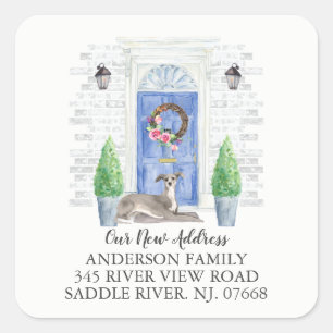 Italienisches Greyhound Blue Door Neues Adressetik Quadratischer Aufkleber