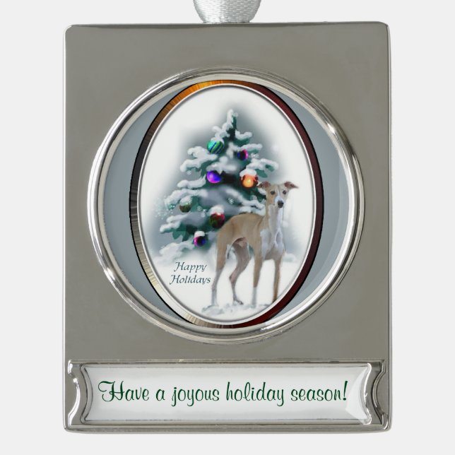 Italienisches Greyhound Personalisiert Weihnachten Banner-Ornament Silber (Vorderseite)