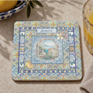 Italienisches Majolika-Zitrus-Monogramm Sommerblau Steinuntersetzer