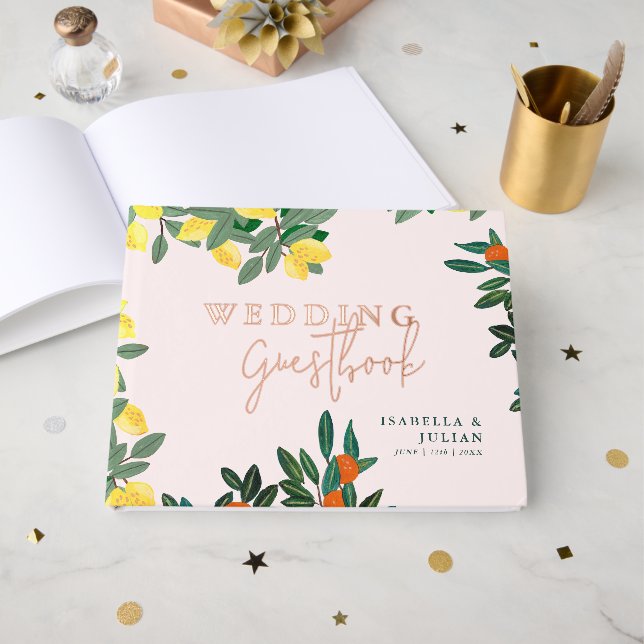 Italienisches Mittelmeer Lemon Pink Wedding Gästebuch (Vorderseite offen)