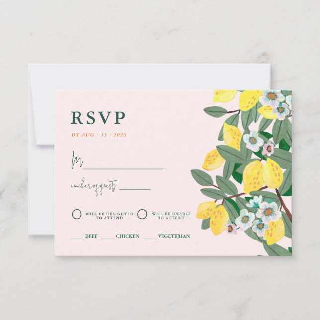 Italienisches Mittelmeer Lemon Pink Wedding RSVP Karte (Vorderseite)
