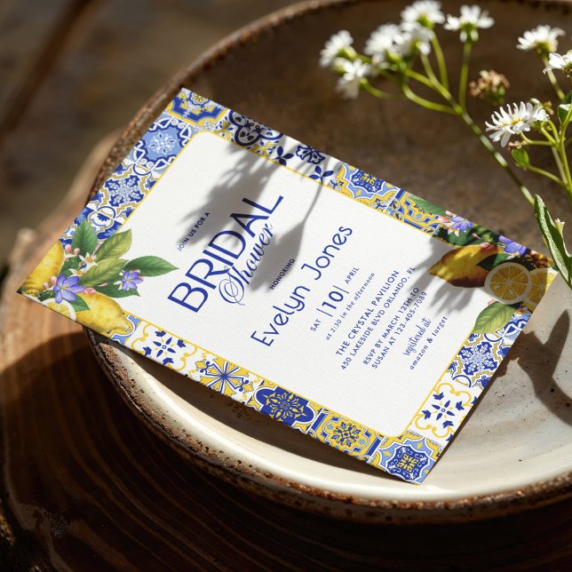 Italienisches Mosaik Blue Tile Lemons Chic Brautpa Einladung (Von Creator hochgeladen)