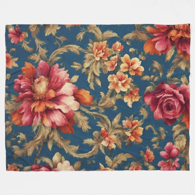 Italienisches opulentes Rot, Weiße Blume Goldene B Fleecedecke (Vorderseite (Horizontal))