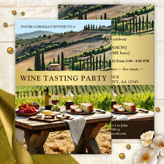 Italienisches Outdoor-Party Weinverkostung Einladung (Italian style outdoors wine tasting party invitation featuring a Tuscan landscape with red wine)