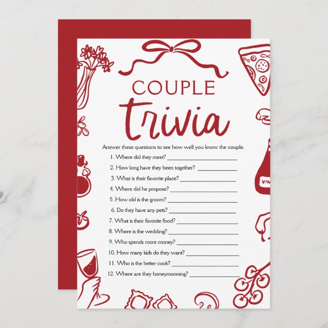 Italienisches Pizza Couple Trivia Brautparty Game Einladung (Vorne/Hinten)