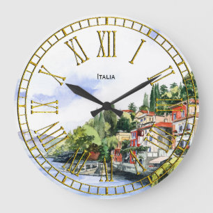 Italienisches Seeküste-Aquarell Ihr Text Große Wanduhr
