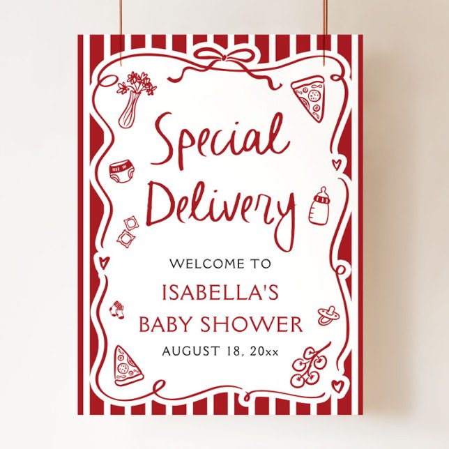 Italienisches Special Delivery Baby Dusche Begrüßu Poster (Hand Drawn Italian Special Delivery Baby Shower Welcome Sign)