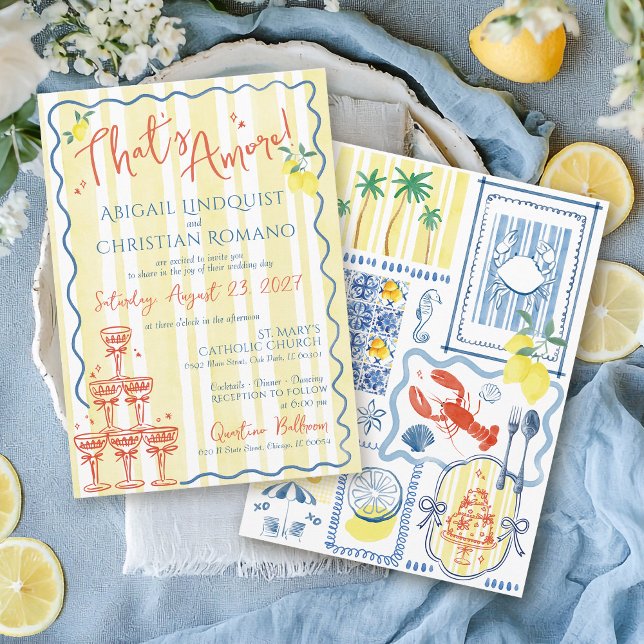 Italienisches Zitronenblau, das ist eine handgezei Einladung (Colorful unique trendy That's Amore Love hand drawn Italian Amalfi Coast Italy wedding invitation)