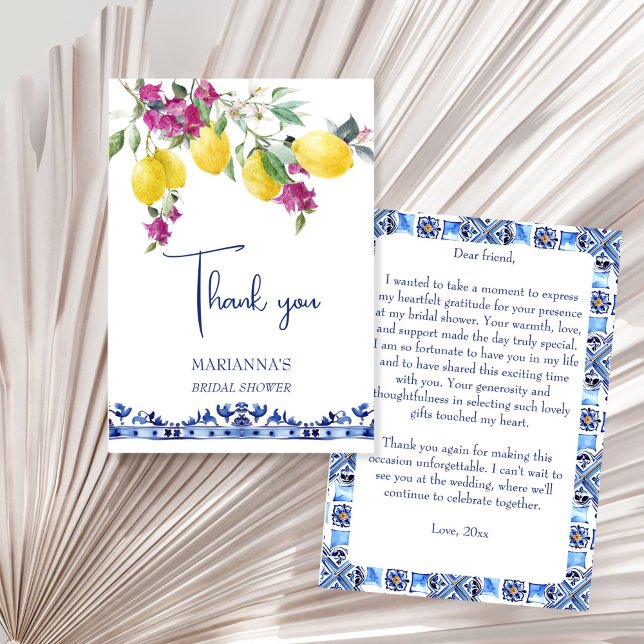 Italienisches Zitronenbougainvillea Zitrusfrüchte  Dankeskarte (Italian maiolica lemons bougainvillea citrus Mediterranian bridal shower wedding thank you card)