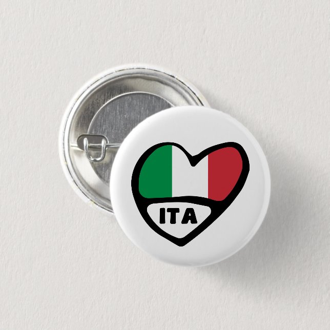 Italy Country Code Flag Heart Pin Badge, ITA Button (Vorne & Hinten)