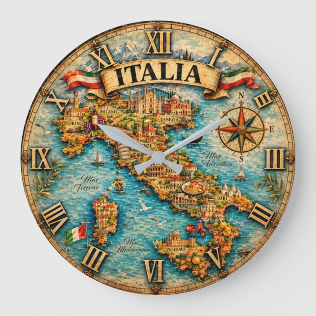 Italy Map Wall Vintage Große Wanduhr (Vorderseite)