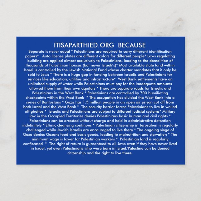 ITISAPARTHEID.ORG BECASUE POSTKARTE (Vorderseite)