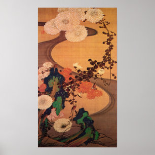 Ito Jakuchu Chrysanthemums by a Stream with Rocks Poster