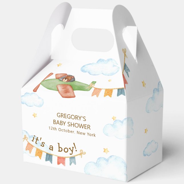 It's A Boy Bear Airplane Sky Baby Shower  Geschenkschachtel (Vorderseite)