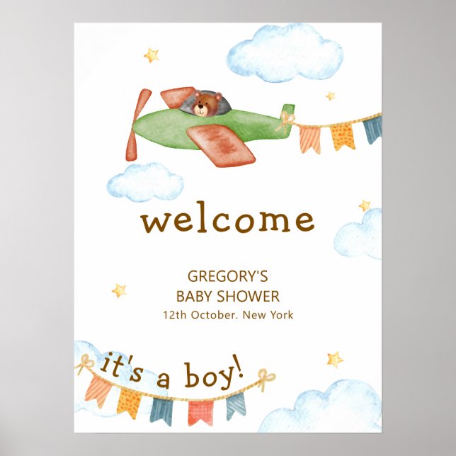 It's A Boy Bear Airplane Sky Baby Shower Welcome Poster (Vorne)