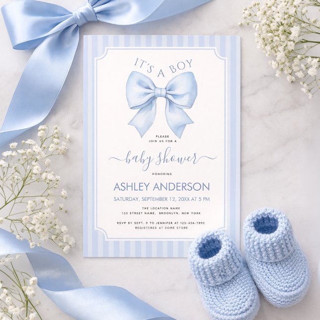 It's a Boy Blue Bow and Stripes Baby Shower Einladung (Von Creator hochgeladen)