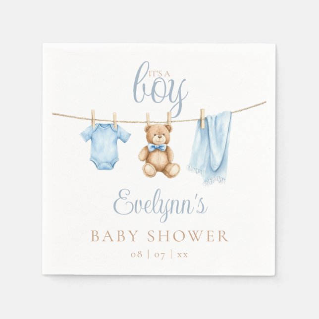 Its A Boy Blue Clothesline Baby Shower Serviette (Vorderseite)