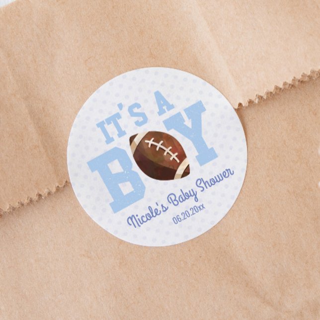 It's A Boy! Blue Football Baby Shower Party Favor Runder Aufkleber (Von Creator hochgeladen)