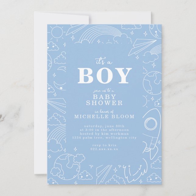 "It's a BOY" Blue Pattern Baby Dusche Einladung (Vorderseite)