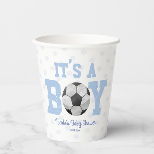It's A Boy! Blue Soccer Ball Baby Shower Pappbecher (Vorderseite)
