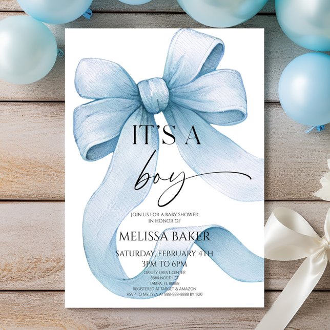 It's A Boy Elegant Blue Bow Baby Shower Einladung (Von Creator hochgeladen)