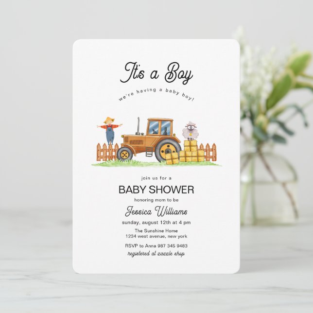It's A Boy Framer Tractor Baby Shower  Einladung (Stehend Vorderseite)