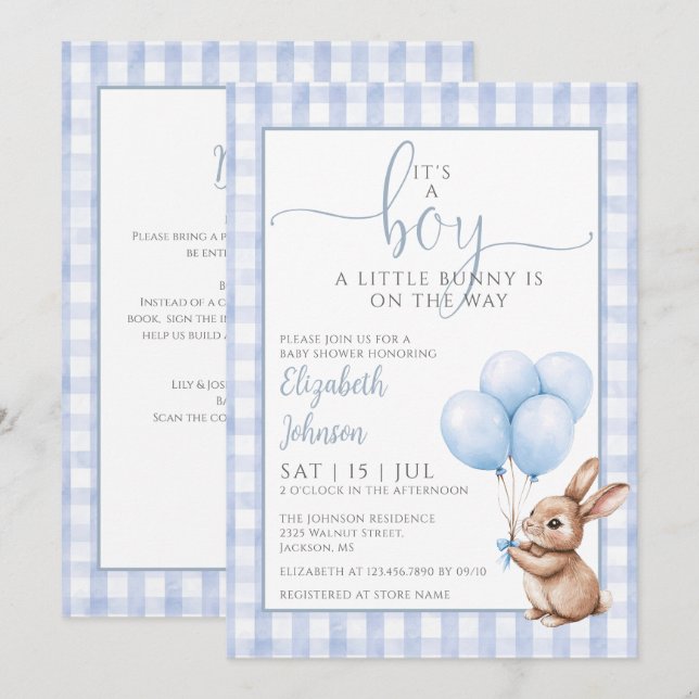 Its A Boy Little Bunny Blue Baby Shower All In One Einladung (Vorne/Hinten)