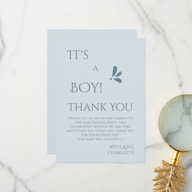 It's A Boy! Minimalism Pastel Blue Baby Shower Dankeskarte (Vorderseite/Rückseite Beispiel)