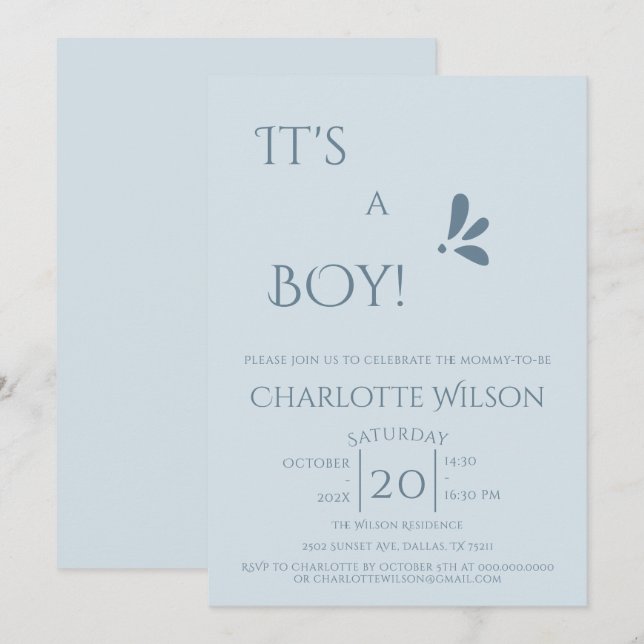 It's A Boy! Minimalism Pastel Blue Baby Shower Einladung (Vorne/Hinten)