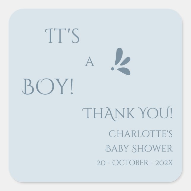 It's A Boy! Minimalism Pastel Blue Baby Shower Quadratischer Aufkleber (Vorderseite)