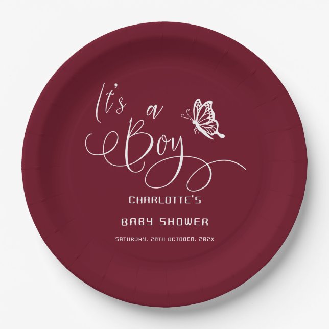 It's A Boy Modern Minimal Butterfly Baby Shower Pappteller (Vorderseite)