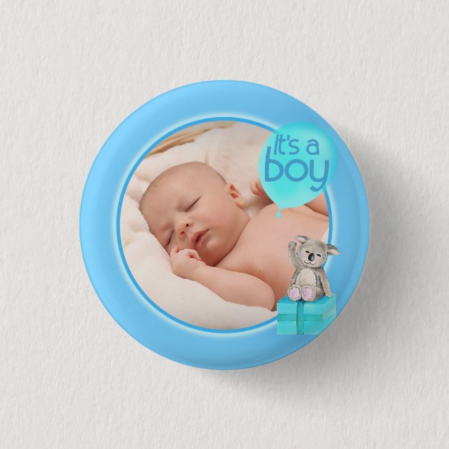 "It's a boy" neugeborenes Foto koala Baby Blue Abz Button (Vorderseite)