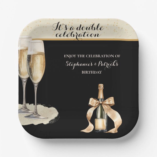 It's a Double Celebration Black Champagne Birthday Pappteller (Vorderseite)