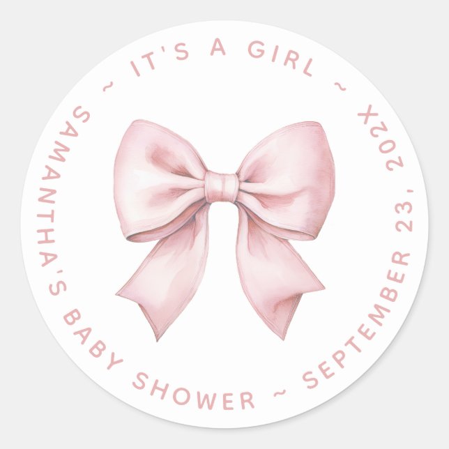 It's a Girl Baby Shower Pink Bow Runder Aufkleber (Vorderseite)