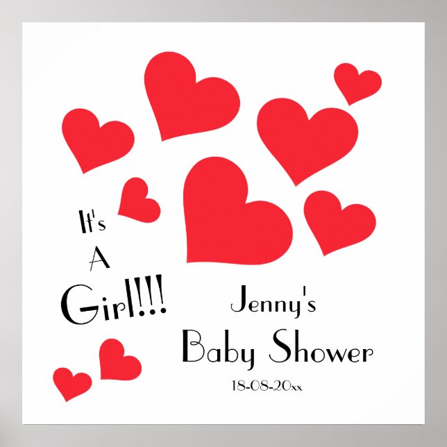 It's A Girl! - Cute Red Hearts Custom Baby Shower Poster (Vorne)