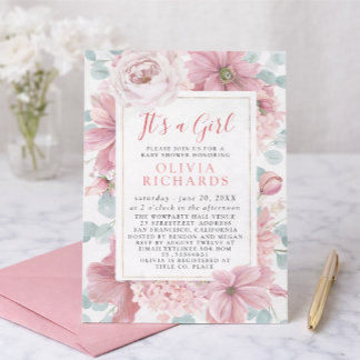 It's A Girl Dusty Rose Floral Cute Baby Shower Einladung
