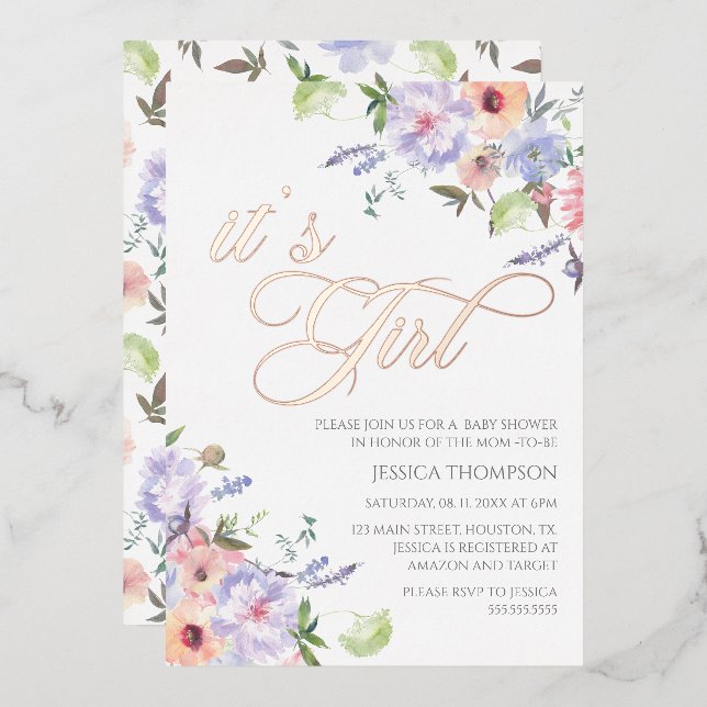 i'ts a Girl Floral Baby Shower pink and purple  Folieneinladung (Vorderseite/Rückseite)