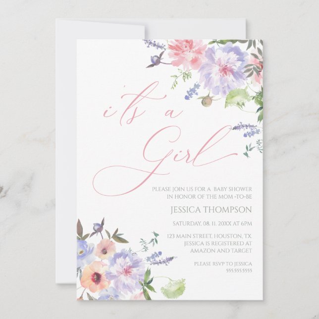 i'ts a Girl Floral Baby Shower pink and purple Inv Einladung (Vorderseite)