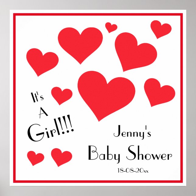 It's A Girl! Happy Red Hearts Custom Baby Shower Poster (Vorne)