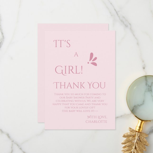 It's A Girl! Minimalism Pastel Pink Baby Shower Dankeskarte (Vorderseite/Rückseite Beispiel)