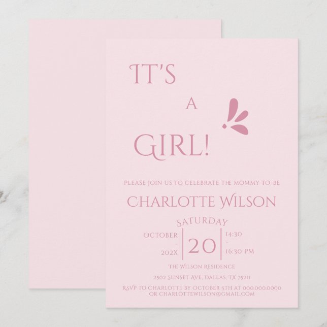 It's A Girl! Minimalism Pastel Pink Baby Shower Einladung (Vorne/Hinten)
