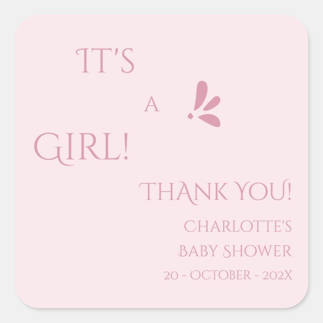 It's A Girl! Minimalism Pastel Pink Baby Shower Quadratischer Aufkleber (Vorderseite)