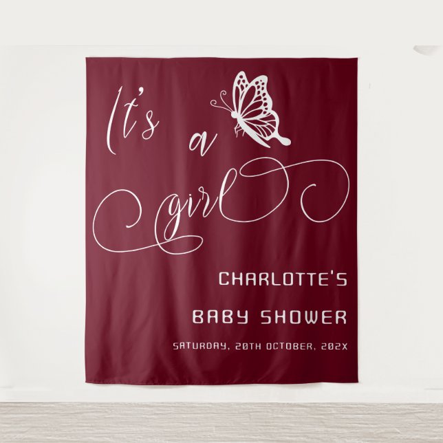 It's A Girl Modern Minimal Butterfly Baby Shower Wandteppich (Vorderseite)